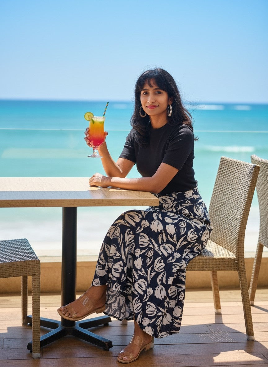 Woman sitting at a table by the beach holding a colorful drink.