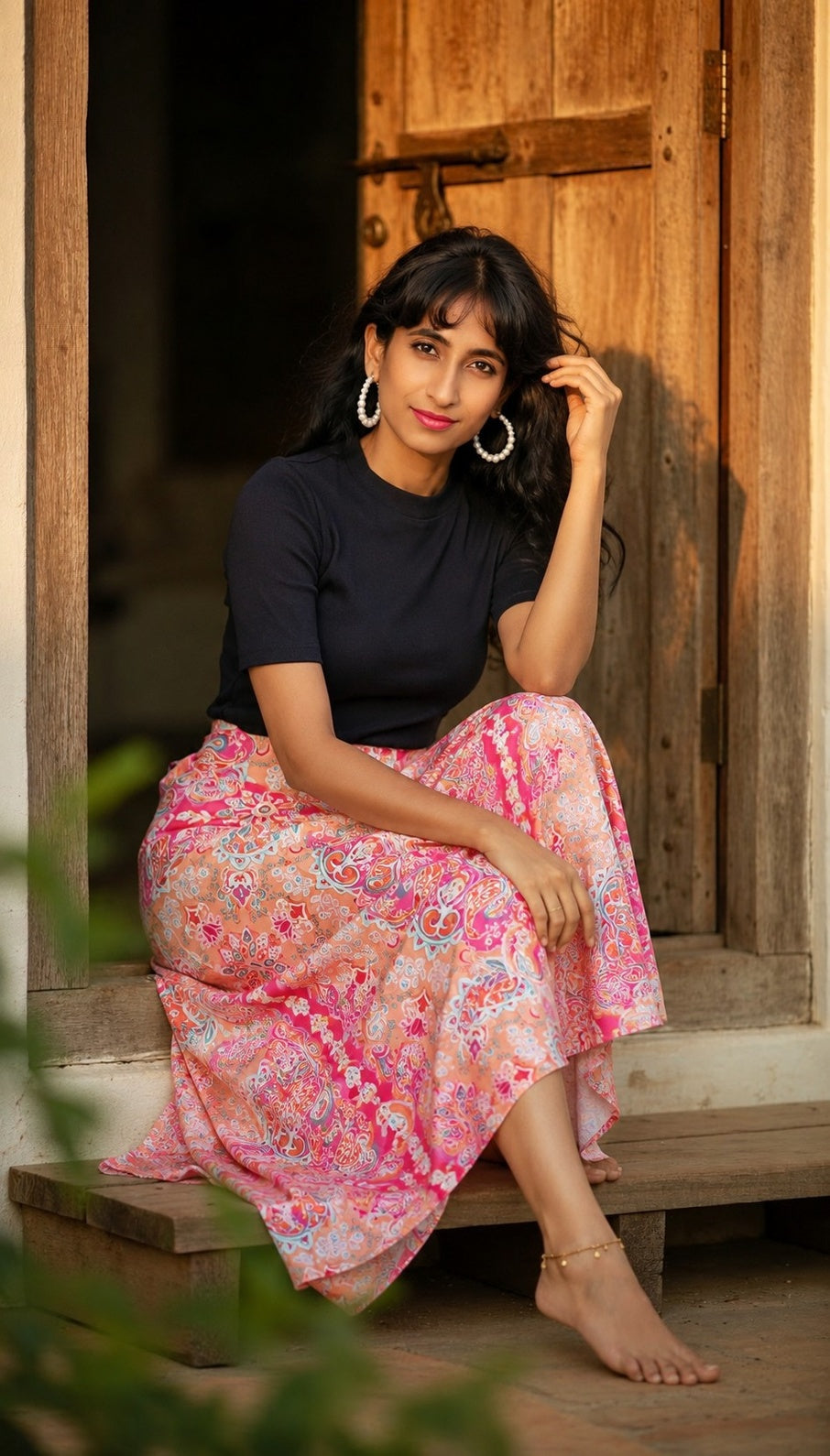Pink Paisley Maxi-Length Wrap Skirt in Premium Rayon